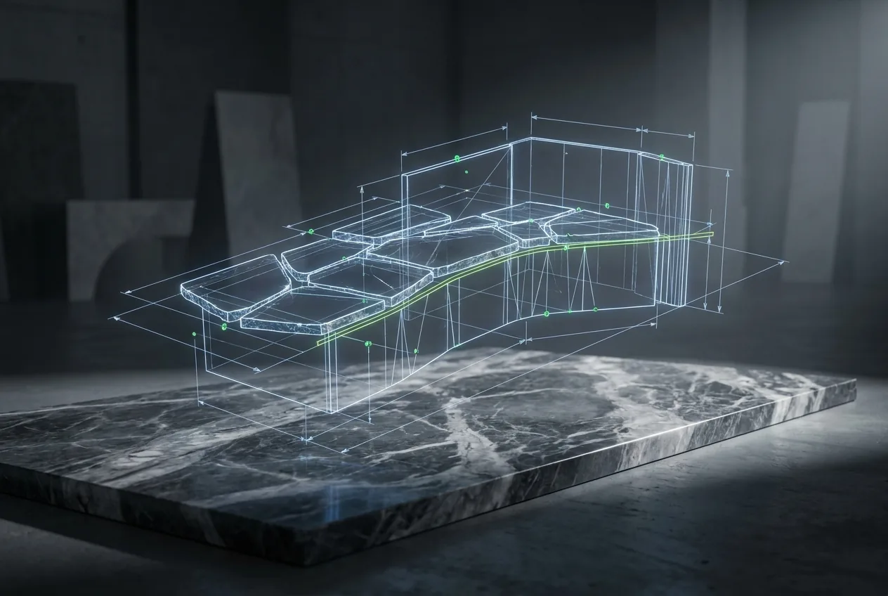 3D dry-layout and shop drawings over a marble slab