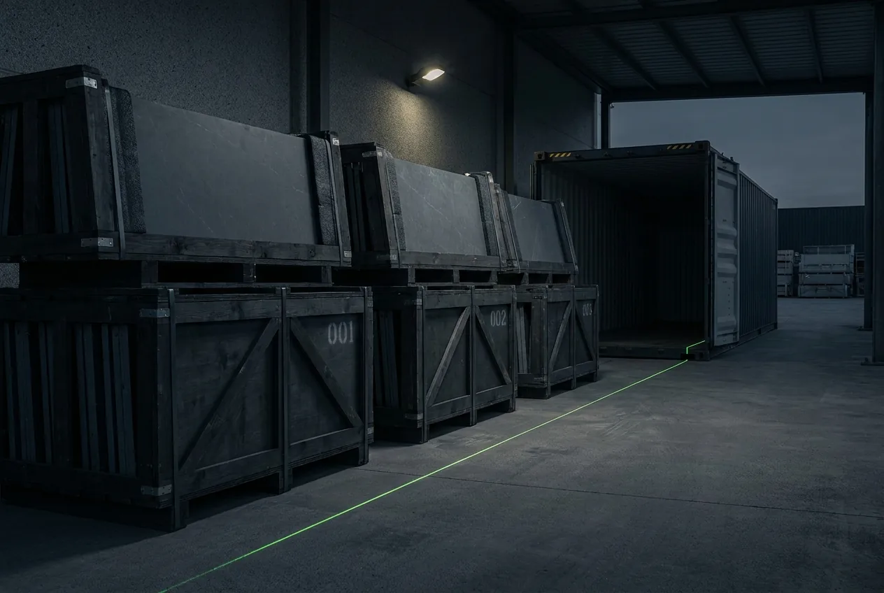Numbered engineered crates sequenced for container loading