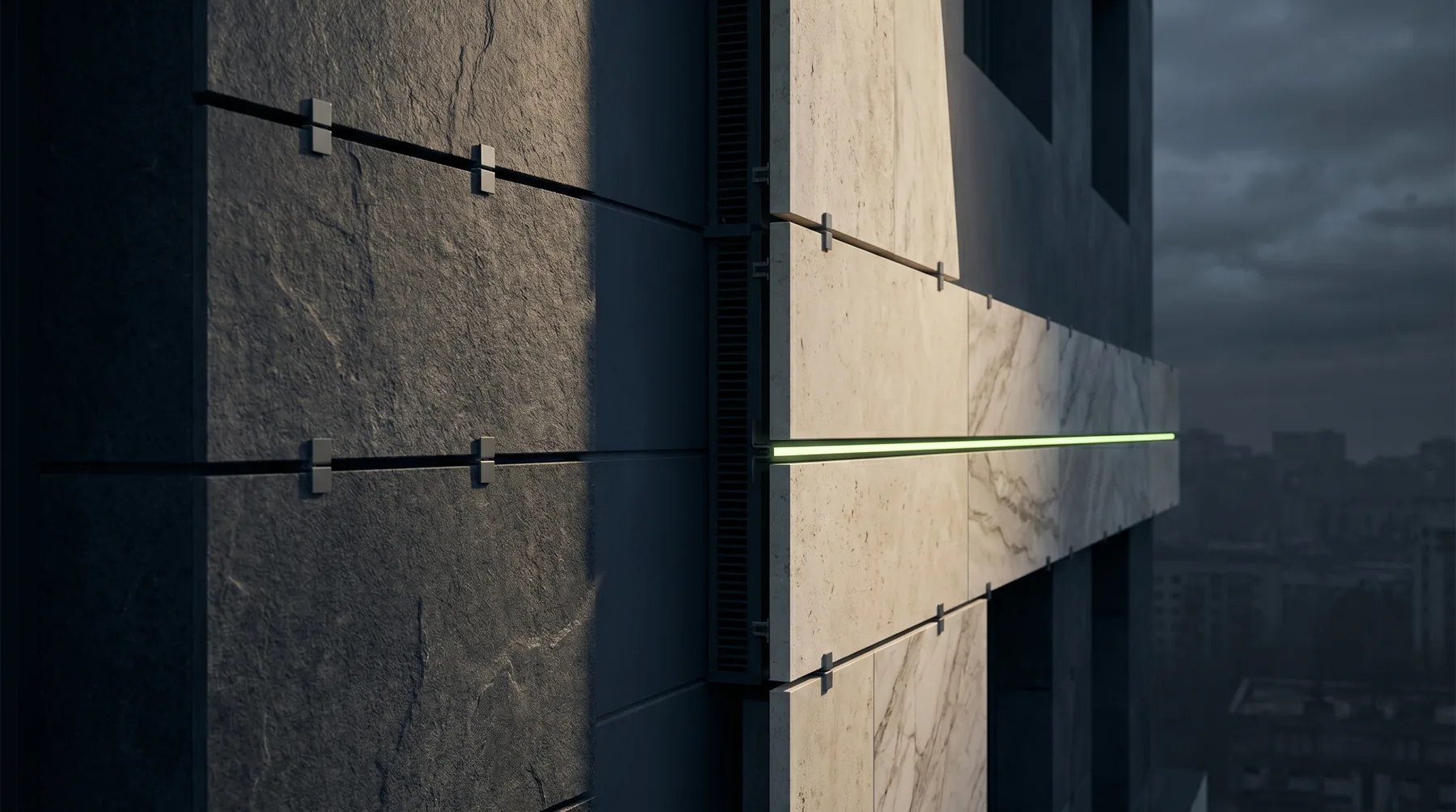 Ventilated natural-stone rainscreen facade, concept visualization