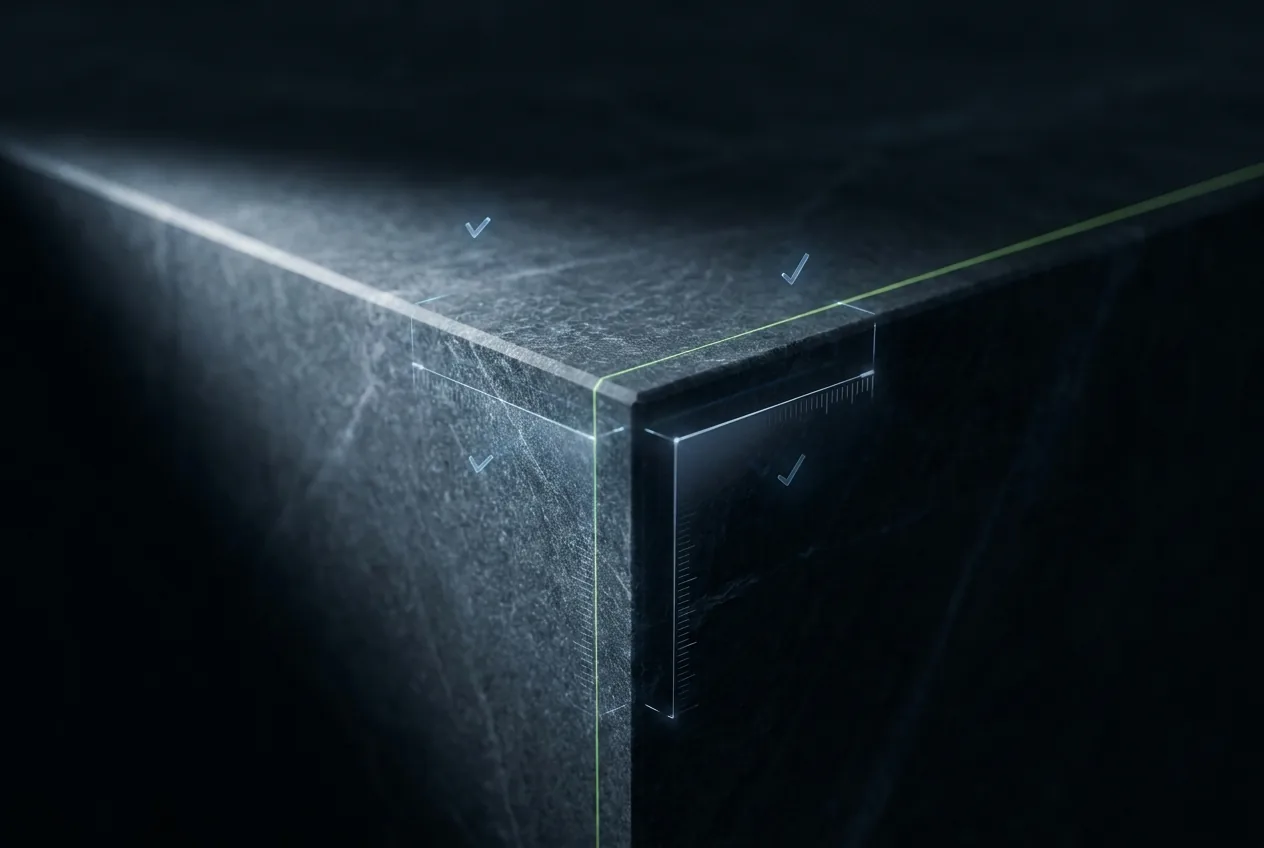 Quality control inspection of a fabricated stone panel edge